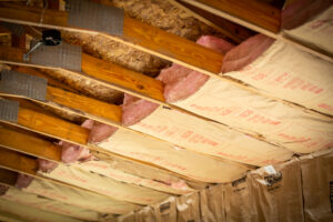 Fiberglass insulation in a ceiling